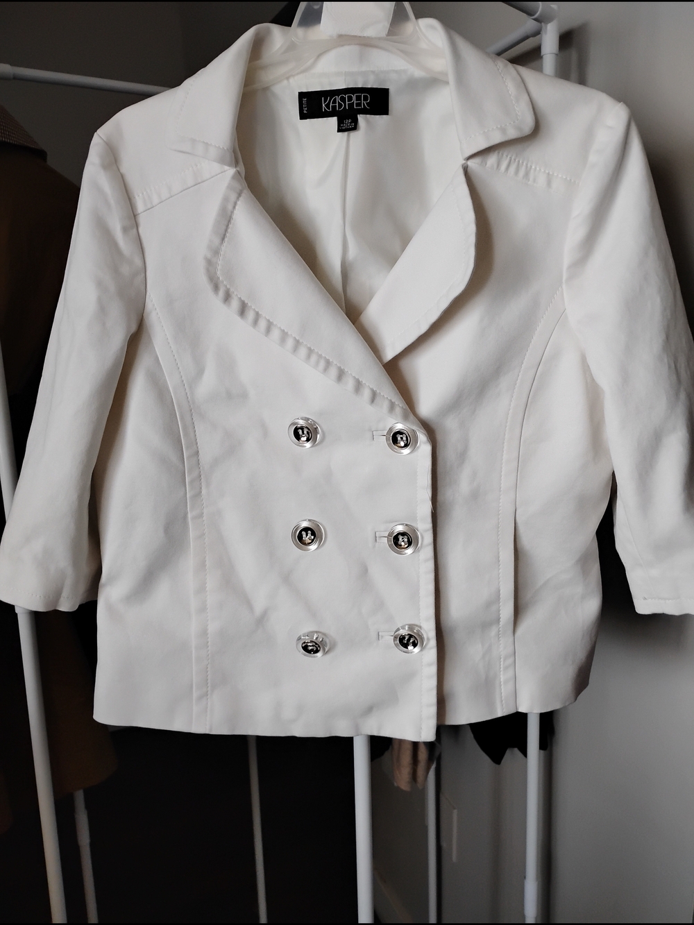 Kasper Women Cream Double-Breasted Lapel Tailored Fit 3/4 Sleeve Pea Coat Blazer
